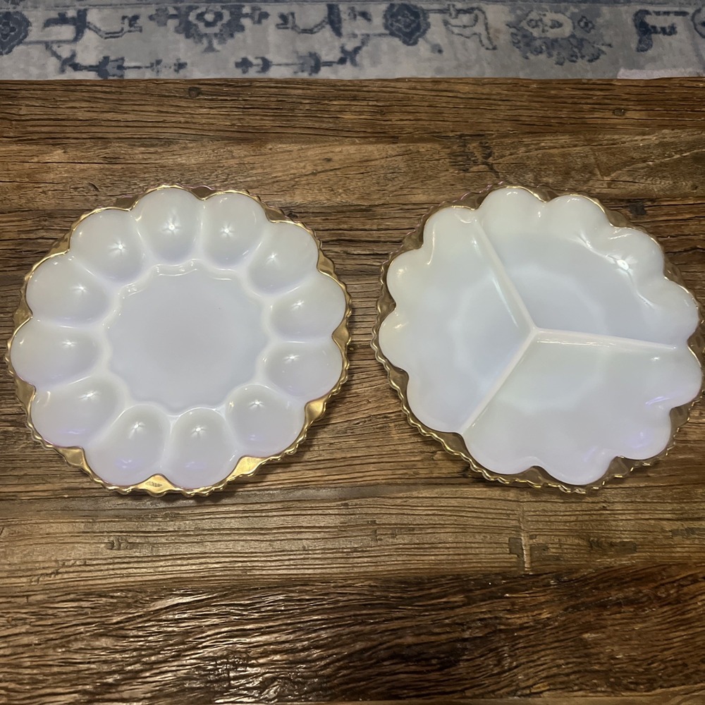 Vintage Anchor Hocking Deviled Egg & Divided Plates Milk Glass 22K Gold Trim EUC